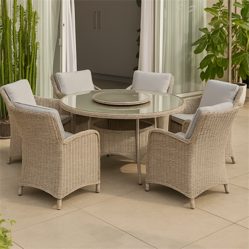 שולחן עגול ראטן + 6 כורסאות צבע חום