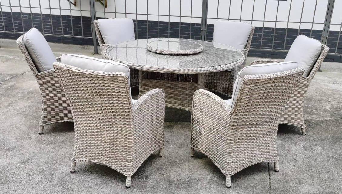 שולחן עגול ראטן + 6 כורסאות צבע אפור