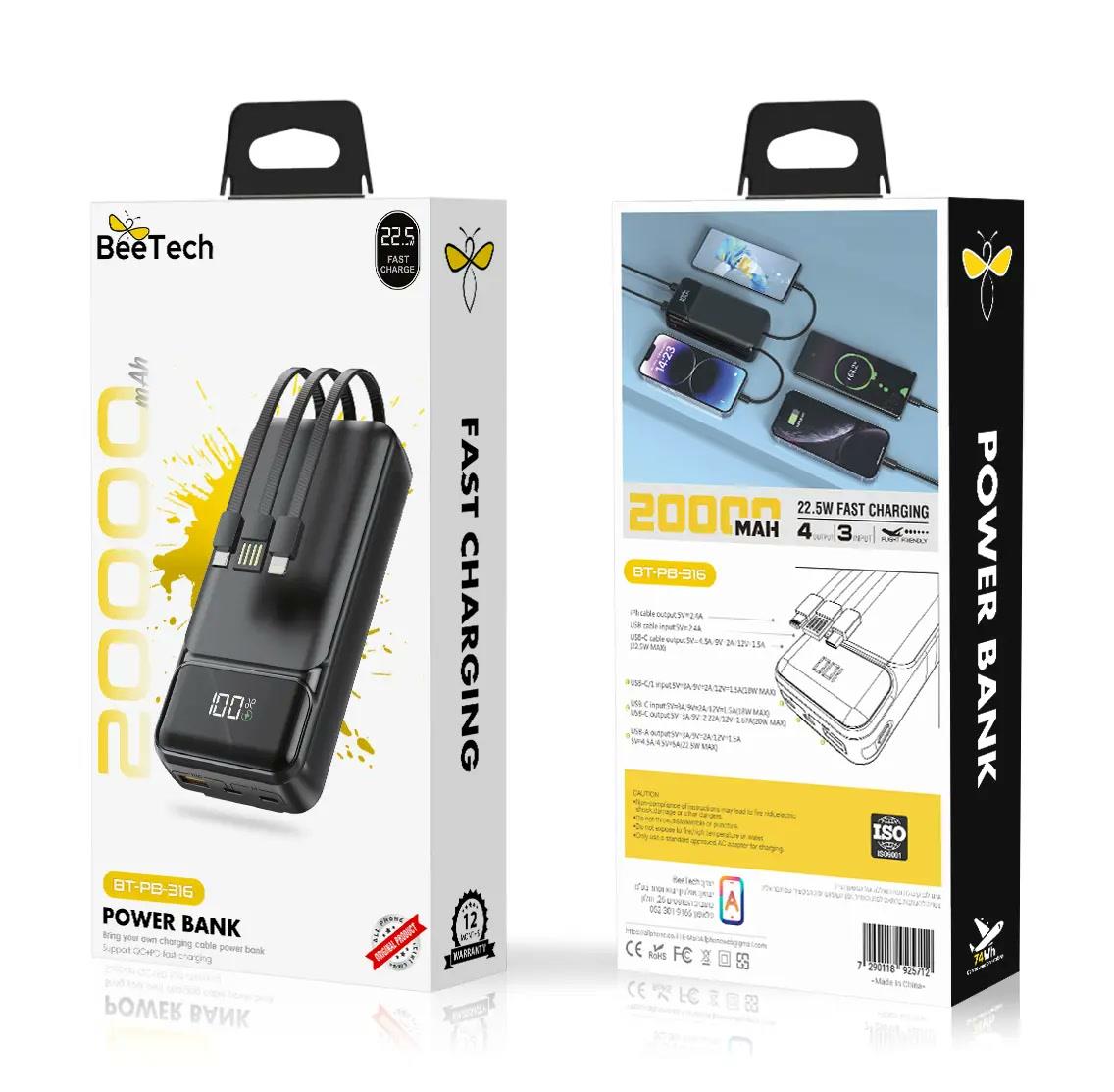 מטען נייד מהיר BeeTech BT-PB-316 – סוללת גיבוי 20000mAh עם כבלים מובנים וטעינה מהירה 22.5W