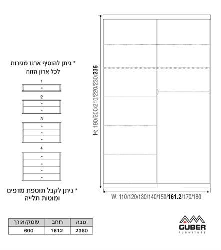 ארון הזזה 1.60 דגם ניו יורק