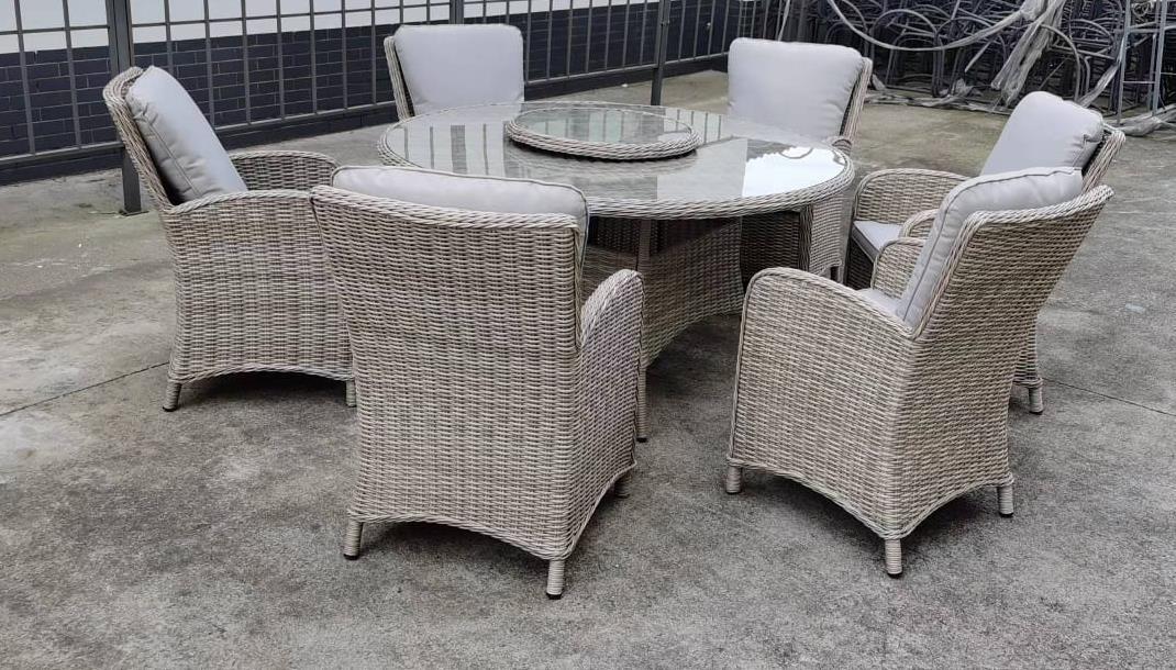 שולחן עגול ראטן + 6 כורסאות צבע אפור