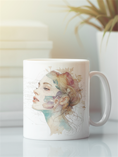 ספל מעוצב בזווית עם איור אישה אלגנטית בצבעי מים מקולקציית Blueprint