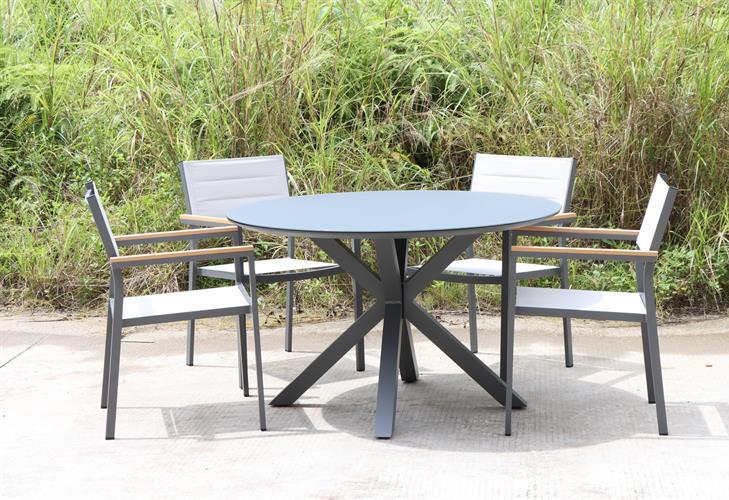 שולחן עגול קוטר 120 אלומיניום לגינה ולמרפסת + 4 כסאות דגם פרובנס צבע אפור**מבצע אחרונים מעודפים!**