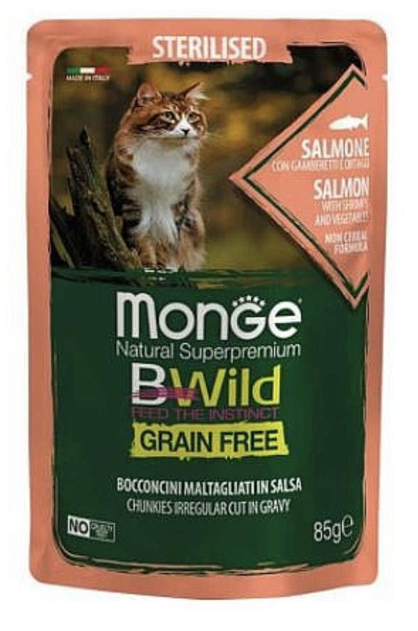 MONGE BWILD Grain Free מזון רטוב 85 גר' לחתול מעוקר בטעם דג סלמון עם שרימפס