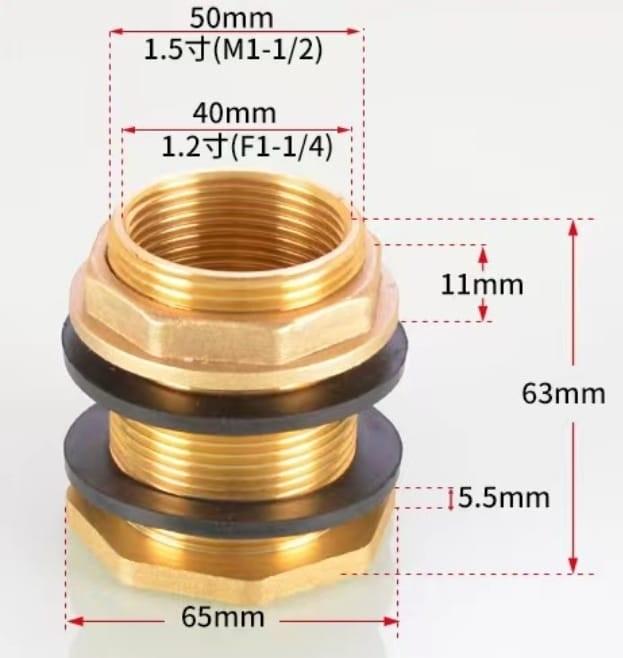 מופה מעבר קיר 2\1.1 צול וחצי 50 מילימטר הברגה פנימי 4\1.1 צול 40 מילימטר נחושת קמפינג לייף
