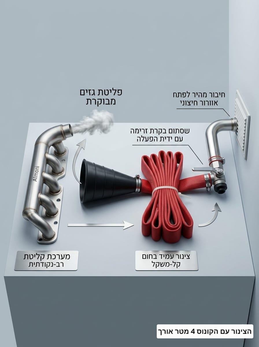 צינור עם קונוס לפינוי גזי פליטה מרכב מנועי וגנרטור כולל אל חוזר בקצה אורך 4 מטר קמפינג לייף