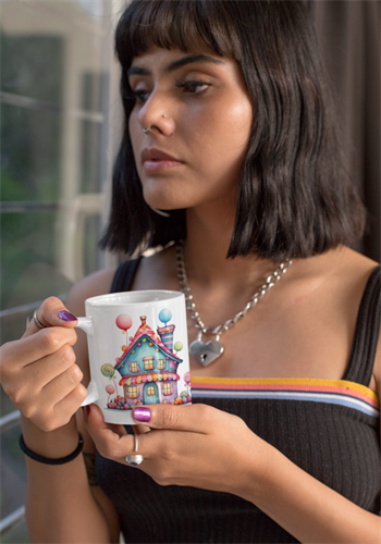 אישה שותה מספל מעוצב עם בית כחול, מתנה לחברה טובה, מתנה לקולגה, ספל קפה מעוצב, גיתוש.