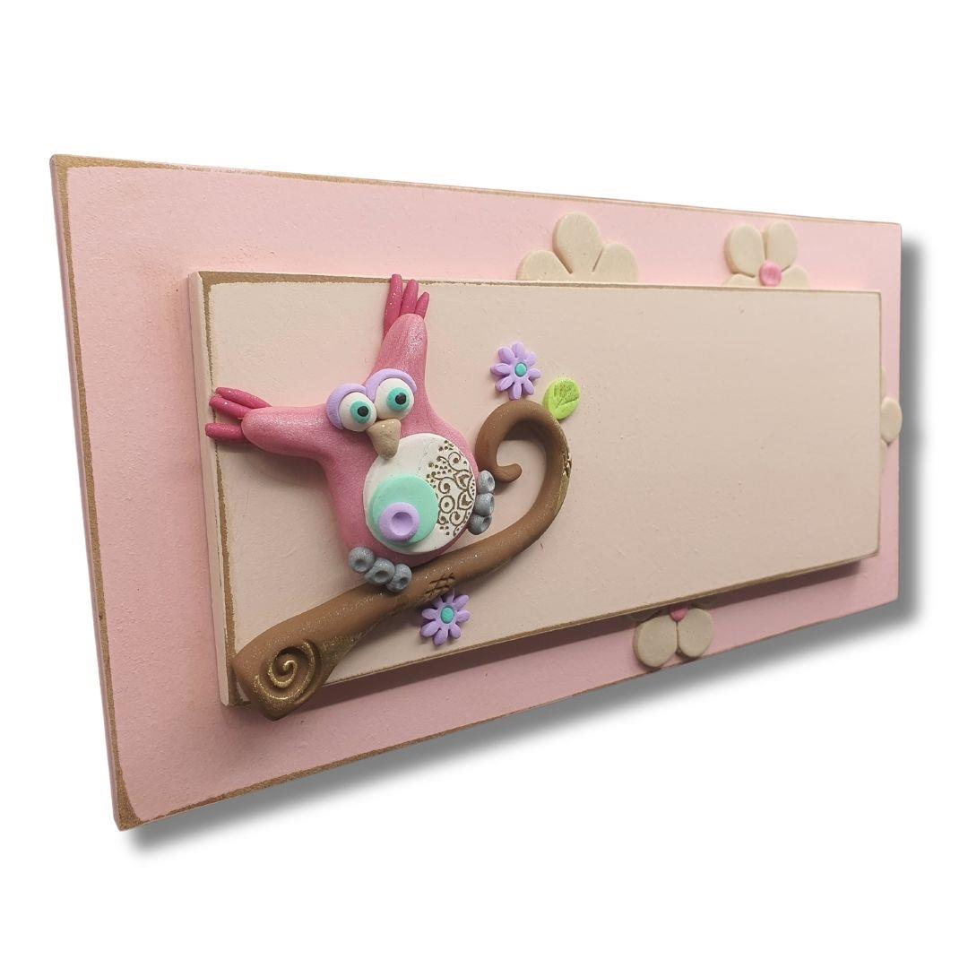 ינשוף ורוד בסגנון Vintage | שלט עץ עבודת יד בעיצוב אישי