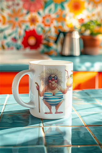 ספל קרמיקה עם הדפס הומוריסטי על רקע שולחן, עיצוב מצחיק עם דמות מבוגרת בביקיני וכוס משקה