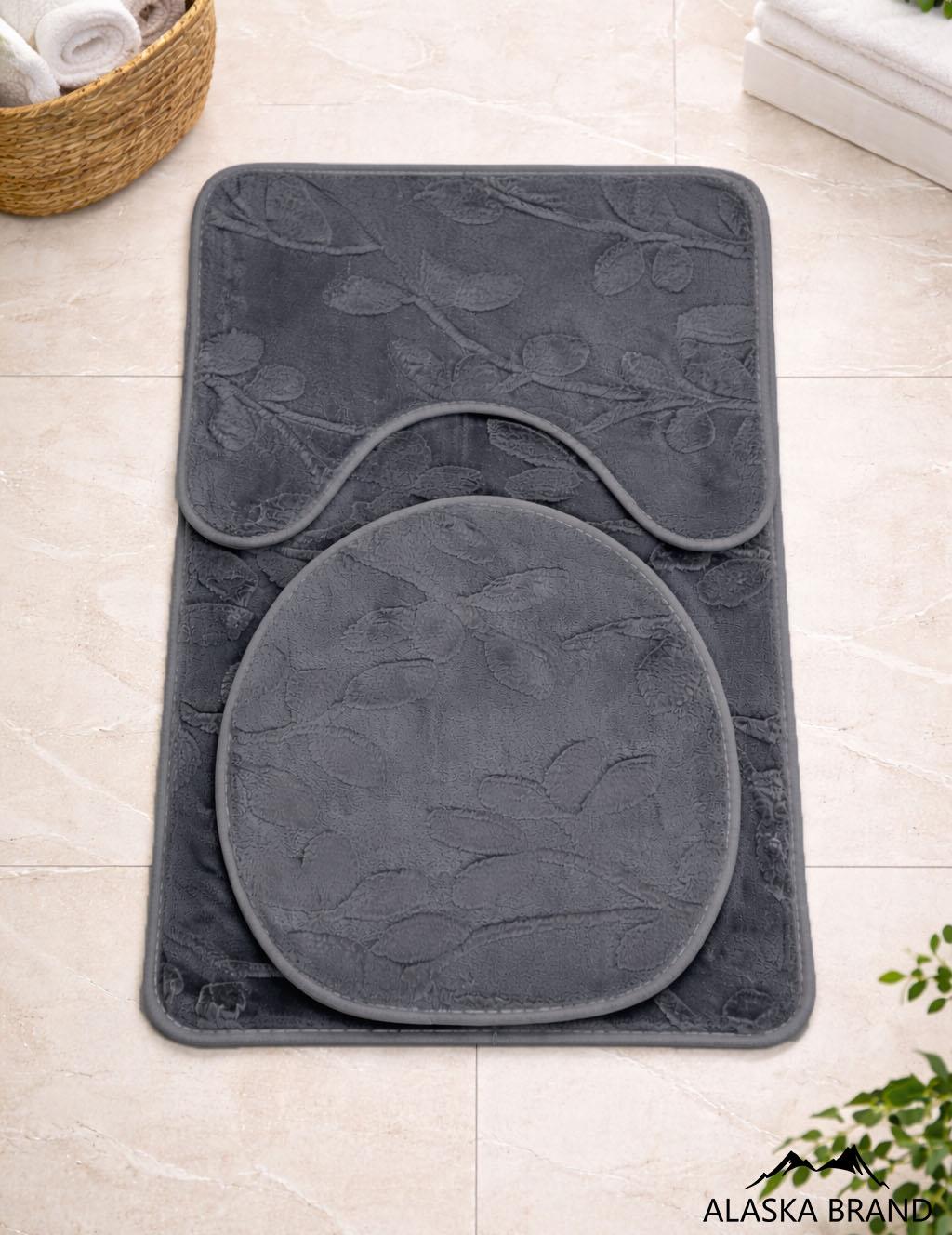 סט 3 חלקים לאמבטיה – שטיח אמבטיה, שטיח צמוד אסלה וכיסוי מושב אסלה | דגם אואזיס Oasis אפור כהה