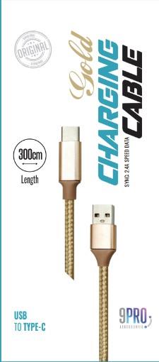 כבל טעינה באורך **3** מטר מסוג פרמיום טייפ סי premium nylon  usb to type c צבע זהב