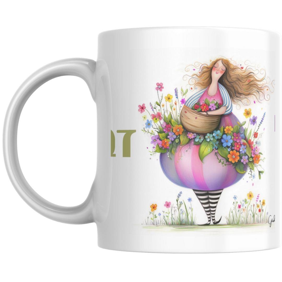 איור מקורי של דמות נשית בשמלה פרחונית מעוגלת על ספל לבן, גיתוש עיצובים.