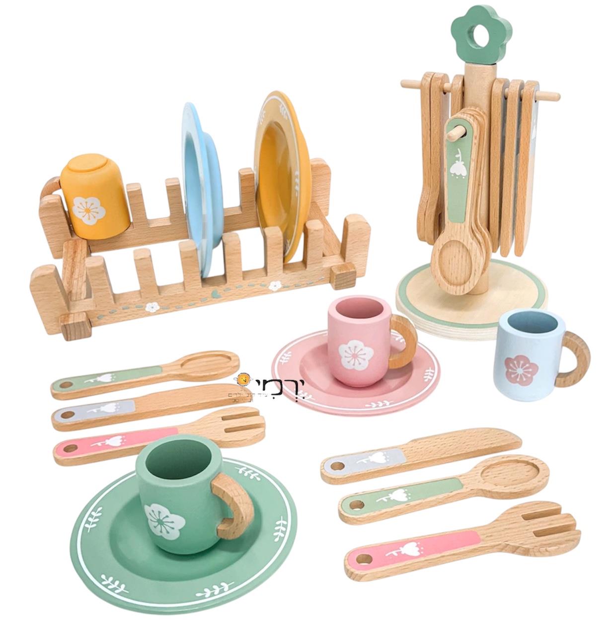 כלי מטבח + מתלה מעץ