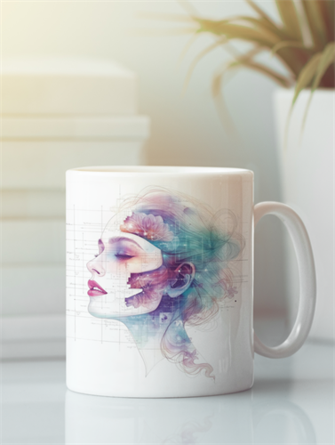 ספל קרמיקה לבן עם איור נשי אמנותי והמשפט Depth in every breath