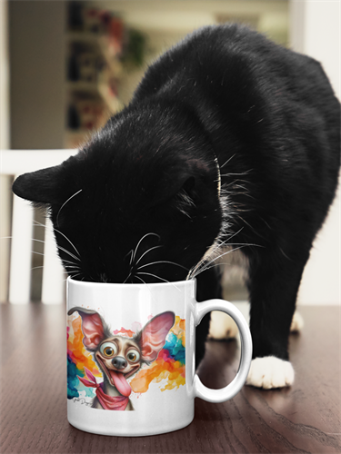 ספל כלבלב משוגע בזווית המדגישה את הידית וההדפסה