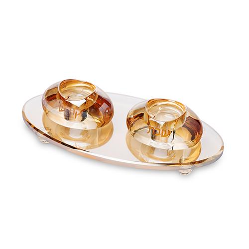 פמוטים קריסטל זהב 4 ס"מ עם מגש קריסטל זהב