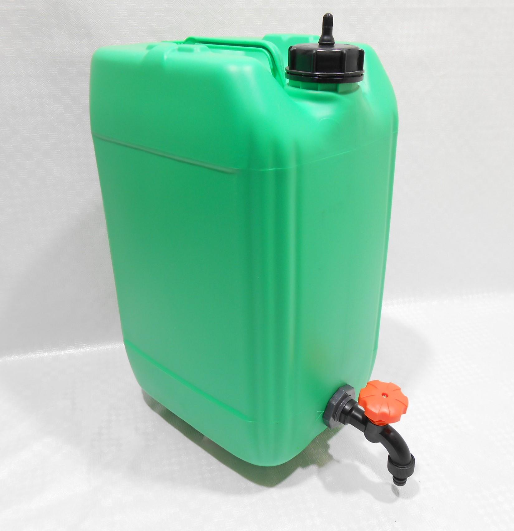 מיכל עם ברז פלסטיק ג'ריקן 25 ליטר צר צבע ירוק פקק ונשם עליון מתאים למי שתייה חומצות ומים מזוקקים