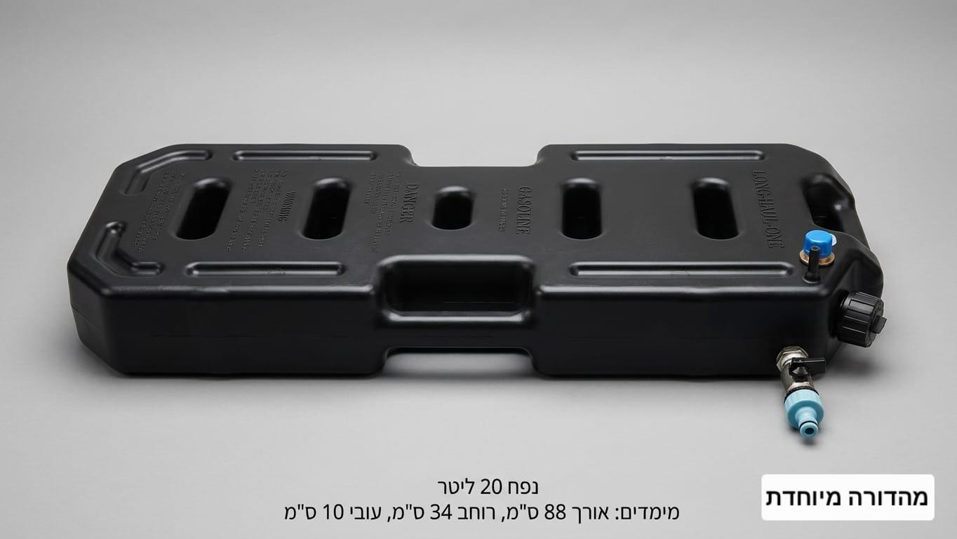 מיכל 20 ליטר שטוח ברז ריקון 2 נשמים פתח מילוי עליון צבע שחור כולל צינור חוליות קמפינג לייף