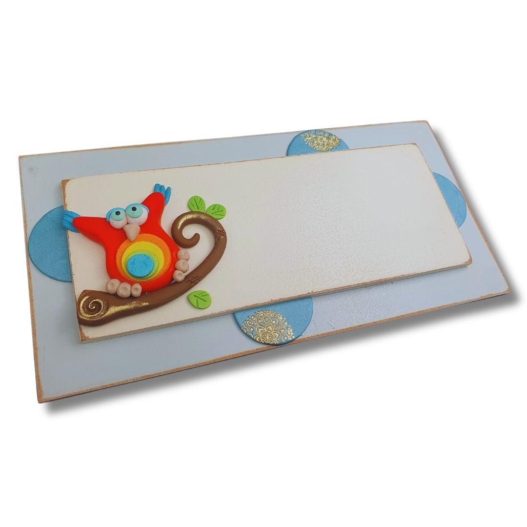 מתנה מקורית לחנוכת בית או למשרד, שלט ינשוף אדום בעבודת יד, עיצוב נוסטלגי.