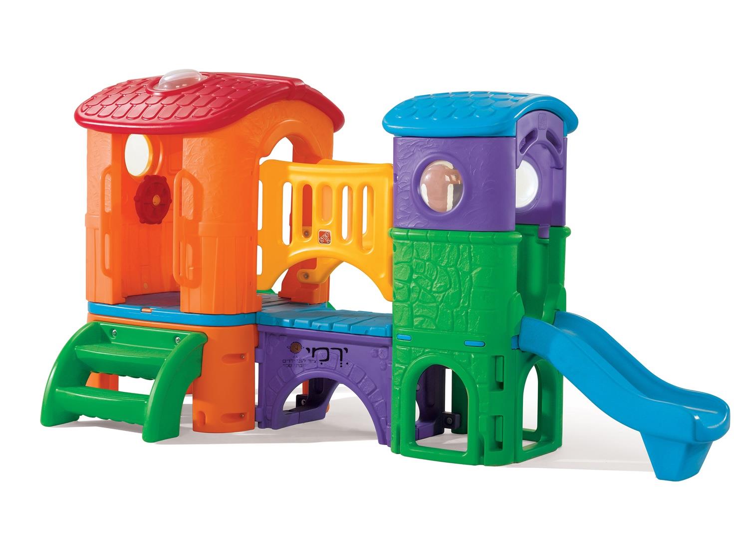 מתקן חצר לילדים מועדון עם גשר, 2 מגלשות, פינות מסתור וחלונות תצפית