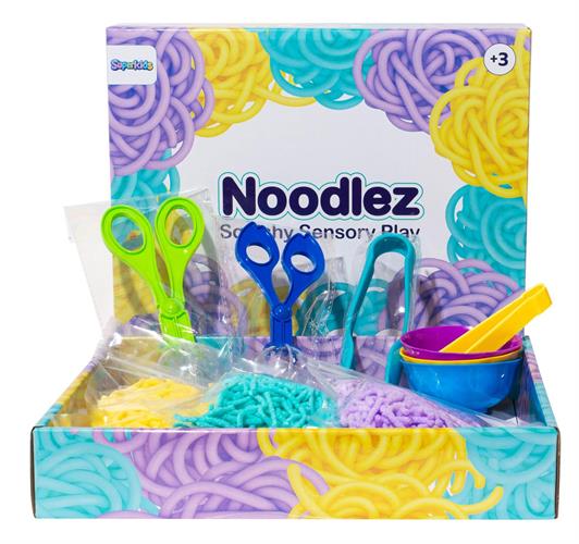 משחק סנסורי נודלס – מארז 300 גרם – 3 צבעים + כלים וקעריות מיון