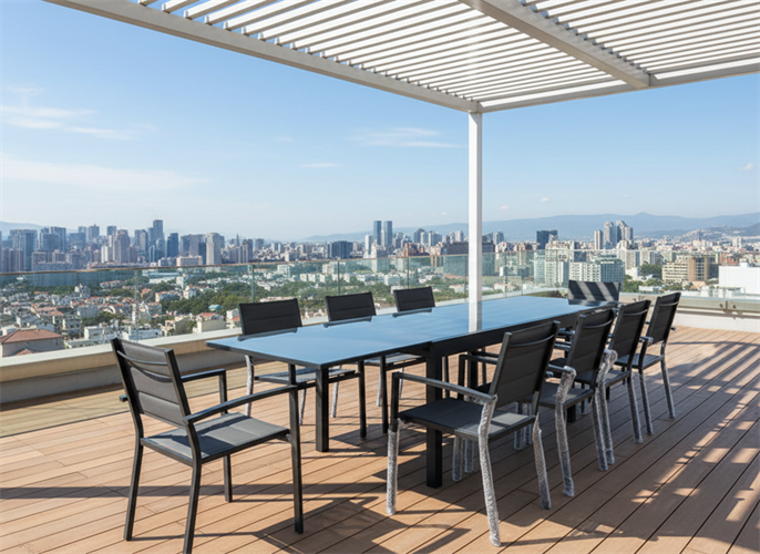 שולחן לגינה ולמרפסת נפתח אלומיניום טופ זכוכית 200-3.20 + 6 כסאות צבע אפור