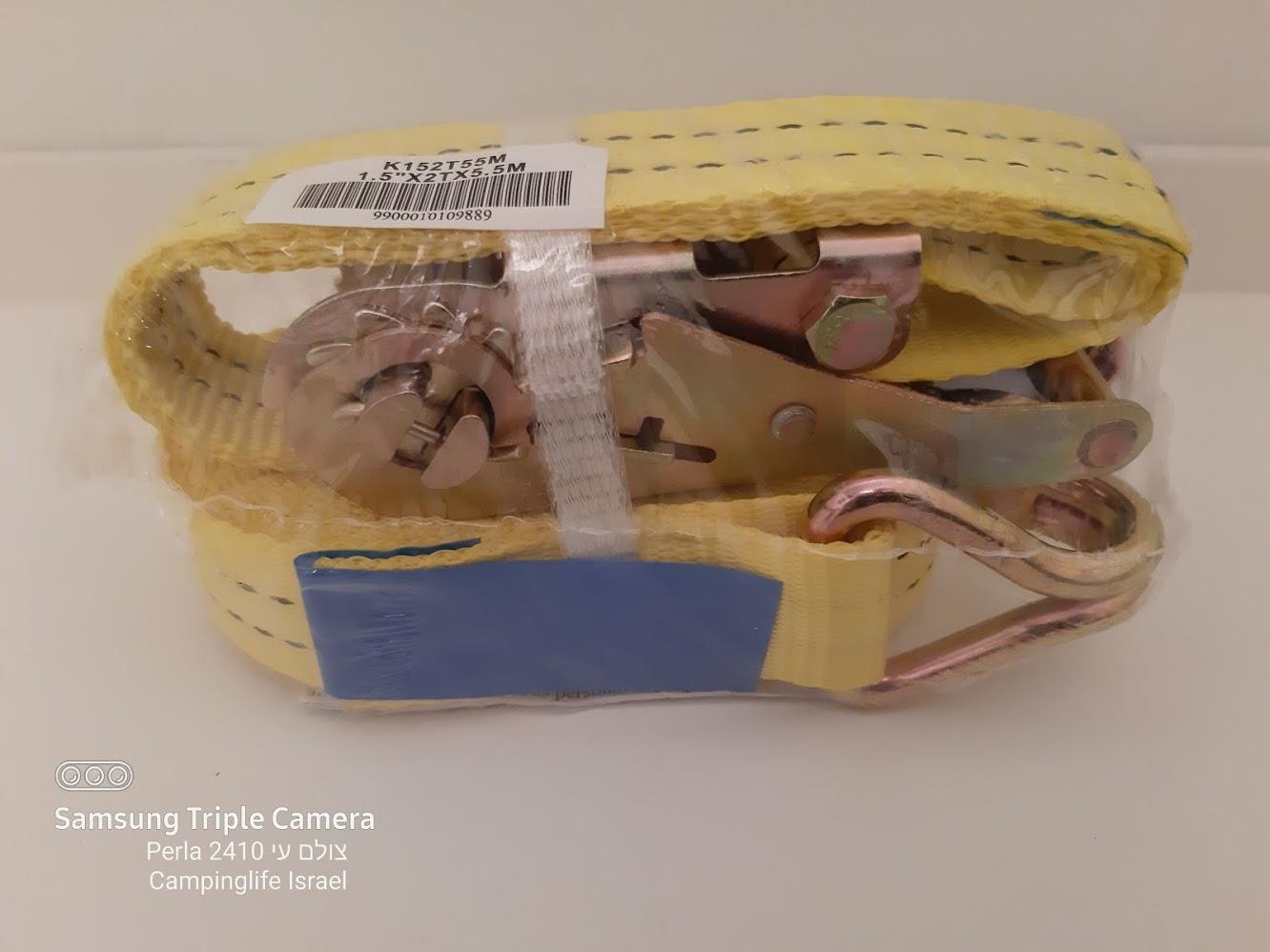 רצועת קשירה רצ'ט למטען כבד 1.5 טון סט באורך 5.5  מטר צבע צהוב קמפינג לייף