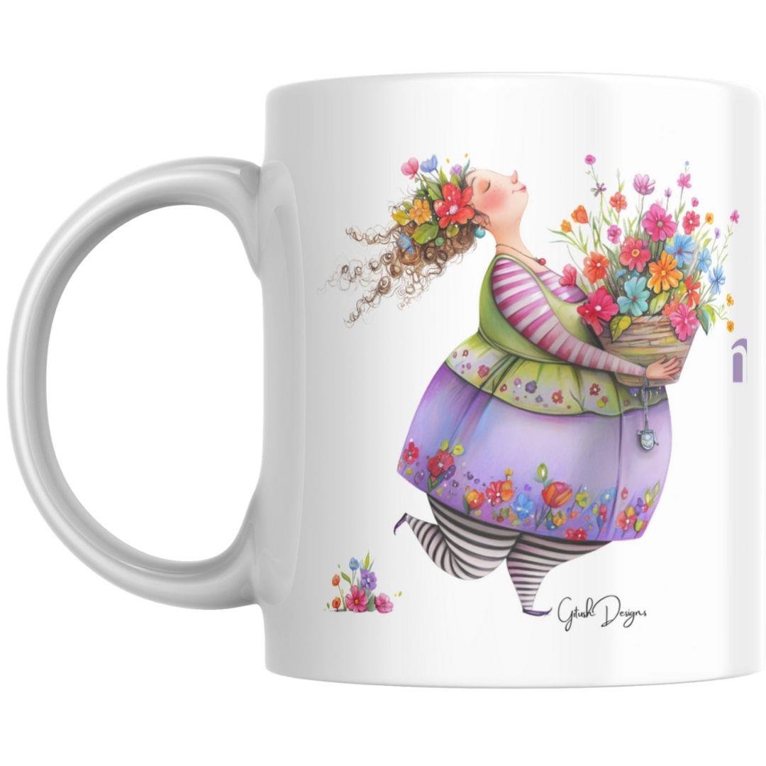 איור אמנותי של אישה בשמלת לילך נושאת סל פרחים צבעוני, מתנה מעצימה לנשים בעיצוב אישי.
