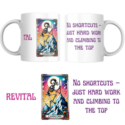 ספל מזל גדי עם עיצוב גולגולת אמנותית, נוף הרים וכיתוב באנגלית, ספל קרמיקה מודפס