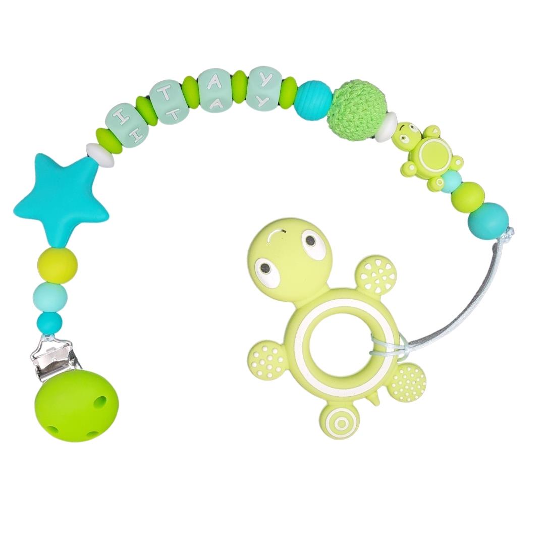 מחזיק מוצץ ירוק מנטה עם שם, נשכן סיליקון מעוצב, תופסן כוכב בעבודת יד, מתנה ליולדת, אקססורי לעגלה, שרשרת שם לתינוק, גיתוש.