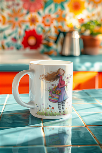 ספל מעוצב עם השראה בבוקר על שיש מטבח כחול באור שמש טבעי, מתנה מעצימה לנשים.