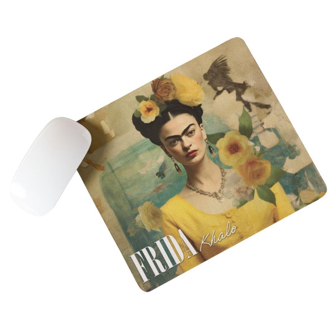 תקריב על איכות ההדפסה של פד לעכבר פרידה קאלו דגם צהוב – מוצר איכותי מקולקציה מרהיבה של גיתוש.