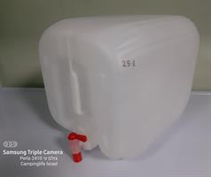 מיכל ג'ריקן 25 ליטר צבע לבן שקוף עם ברז אדום ולבן  מתאים למי שתיה