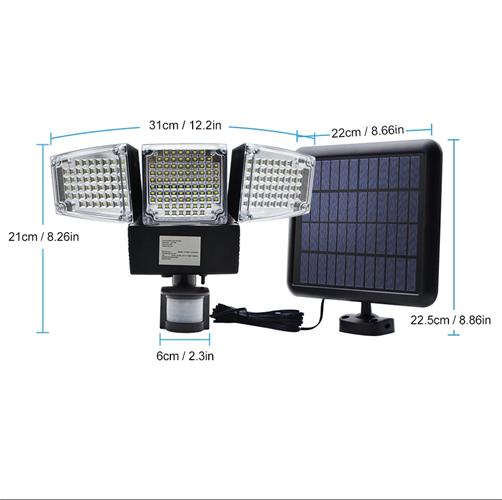 תאורה סולארית 3 כיוונים 1000 lum +חיישן תנועה
