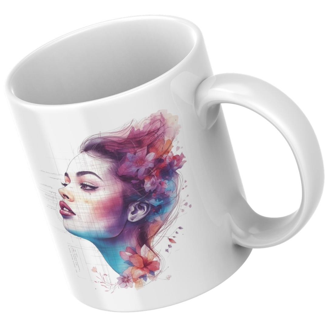 ספל קרמיקה מעוצב עם איור נשי עדין ומשפט באנגלית Find the Magic in the Details מקולקציית Blueprint