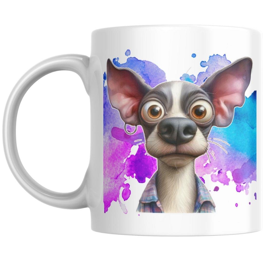 ספל קרמיקה לבן עם איור כלבלב משוגע במבט מופתע על רקע צבעוני בעיצוב שובב