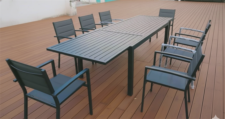 שולחן לגינה ולמרפסת נפתח אלומיניום טופ אלומיניום 1.40-2.80 + 4 כסאות צבע אפור