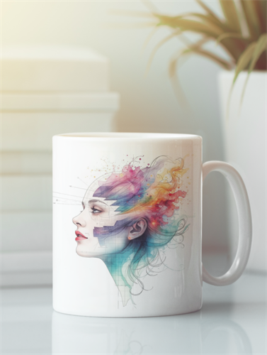 ספל מעוצב בזווית עם איור אישה באנרגיה צבעונית מקולקציית Blueprint