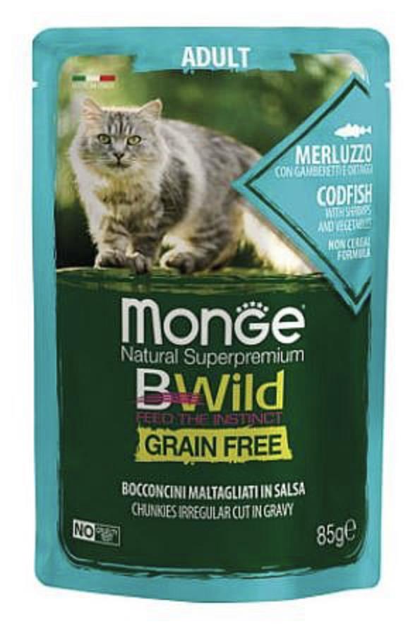 MONGE BWILD Grain Free מזון רטוב 85 גר' לחתול מעוקר בטעם אנשובי וירקות