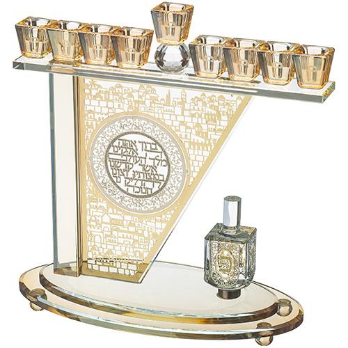 חנוכייה קריסטל מהודרת  ירושלים עם פלקטה ואבנים 27X28 ס"מ