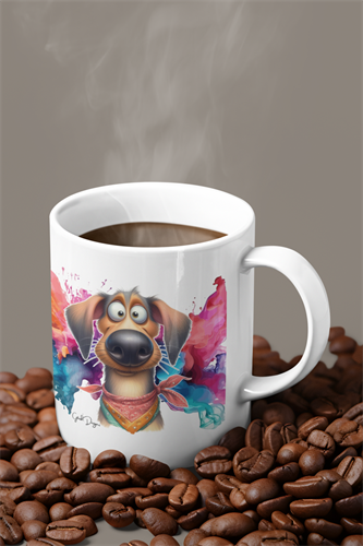 ספל כלבלב משוגע מקרמיקה לבנה בתצוגת זווית המדגישה את העיצוב והידית