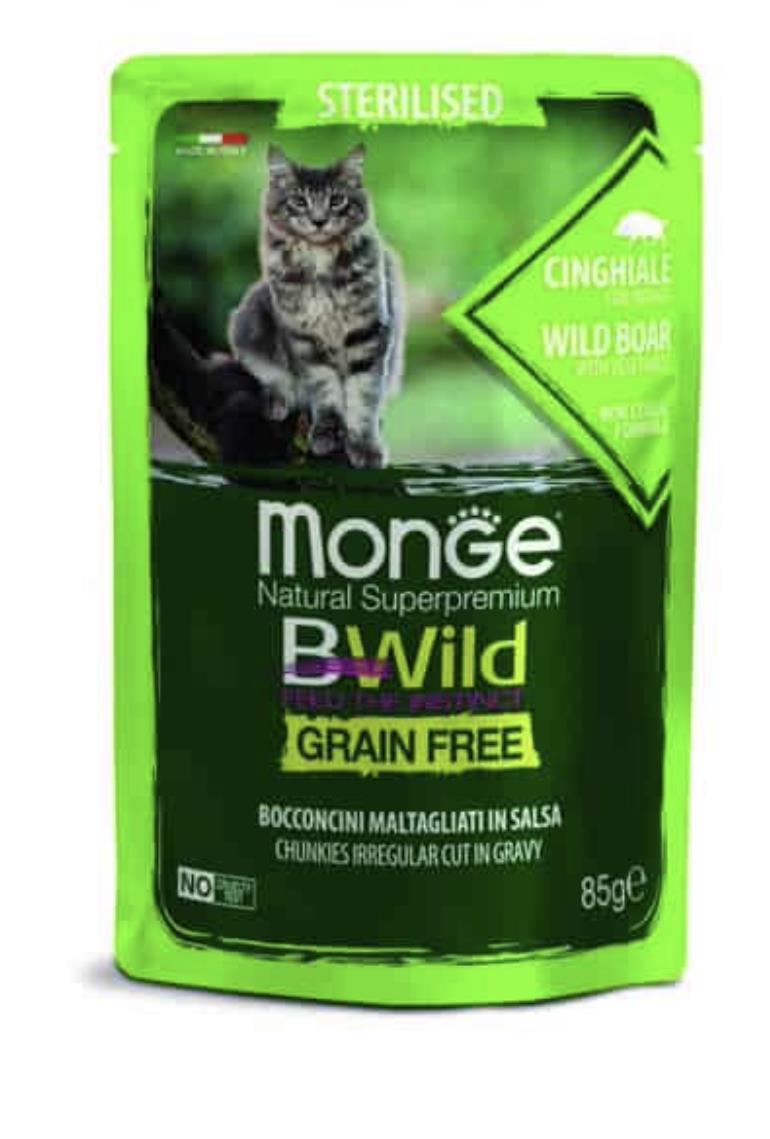 MONGE BWILD Grain Free מזון רטוב 85 גר' לחתול מעוקר בטעם חזיר וירקות