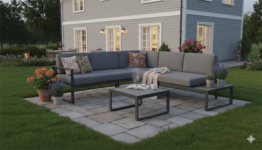 מערכת ישיבה לגינה ולמרפסת אלומיניום פינתי דגם ליאון צבע אפור