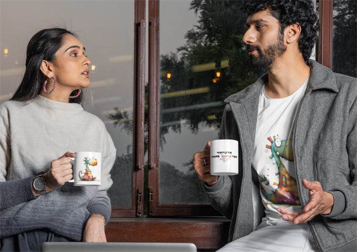 מתנה למשרד, ספל עם שם בעיצוב אישי, מתנה לילדים, הדפסה על ספלים, מתנה לחבר, דינוזאור צבעוני, גיתוש.