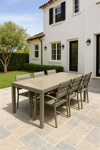 שולחן לגינה ולמרפסת נפתח אלומיניום טופ זכוכית 200-320 + 6 כסאות צבע שמפניה