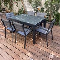שולחן לגינה ולמרפסת נפתח אלומיניום טופ זכוכית 1.40-2.80 + 4 כסאות צבע אפור