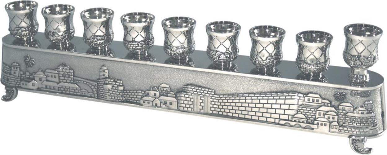 "חנוכיית הקסם" של ארט - חנוכייה מתהפכת ומשמשת גם לפמוטים גימור ניקל בעיצוב "ירושלים" 8X30 ס"מ