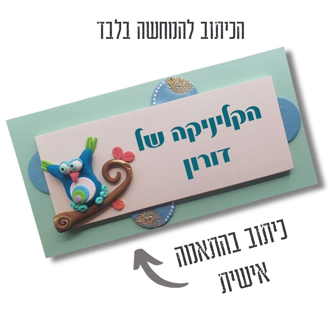 שלט לדלת משרד, קליניקה, ינשוף, טורקיז, מנטה, שלט עץ, עם שם, מתנה מקצועית, עיצוב משרד, חימר פולימרי, וניל, עבודת יד, גיתוש.
