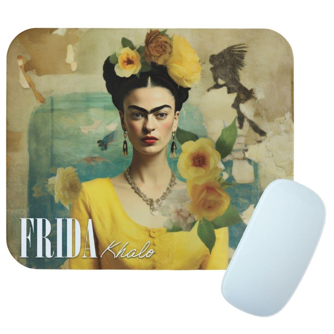 משטח לעכבר פרידה קאלו צהוב עם עכבר לבן להמחשה – פתרון עיצובי ופרקטי לשולחן העבודה גיתוש.