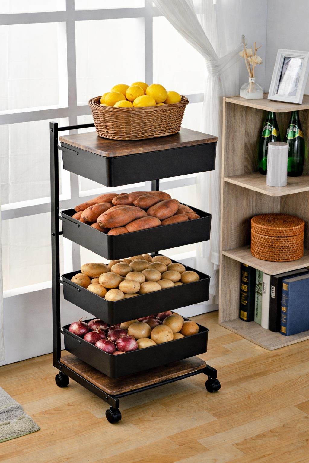 ארגונית 4 קומות שחורה עם מגש מעץ דגם CRT-04111 מבית HONEY CAN DO